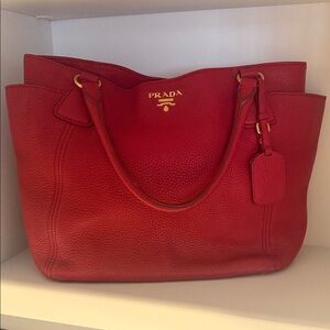 Prada Red Pebbled Leather Tote with Gold Hardware